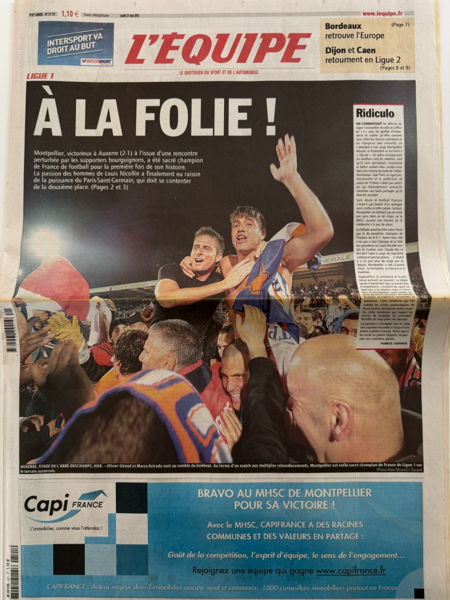 Journal l'équipe 21/05/2012 Montpellier champion de France a Auxerre - Louis Nicollin - Football - Journal L'Équipe authentique - Revue Vintage