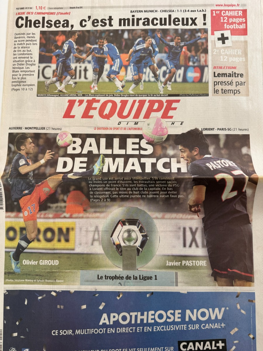 Journal l'équipe 20/05/2012 Montpellier champion de France a Auxerre - Louis Nicollin - Football - Journal L'Équipe authentique - Revue Vintage