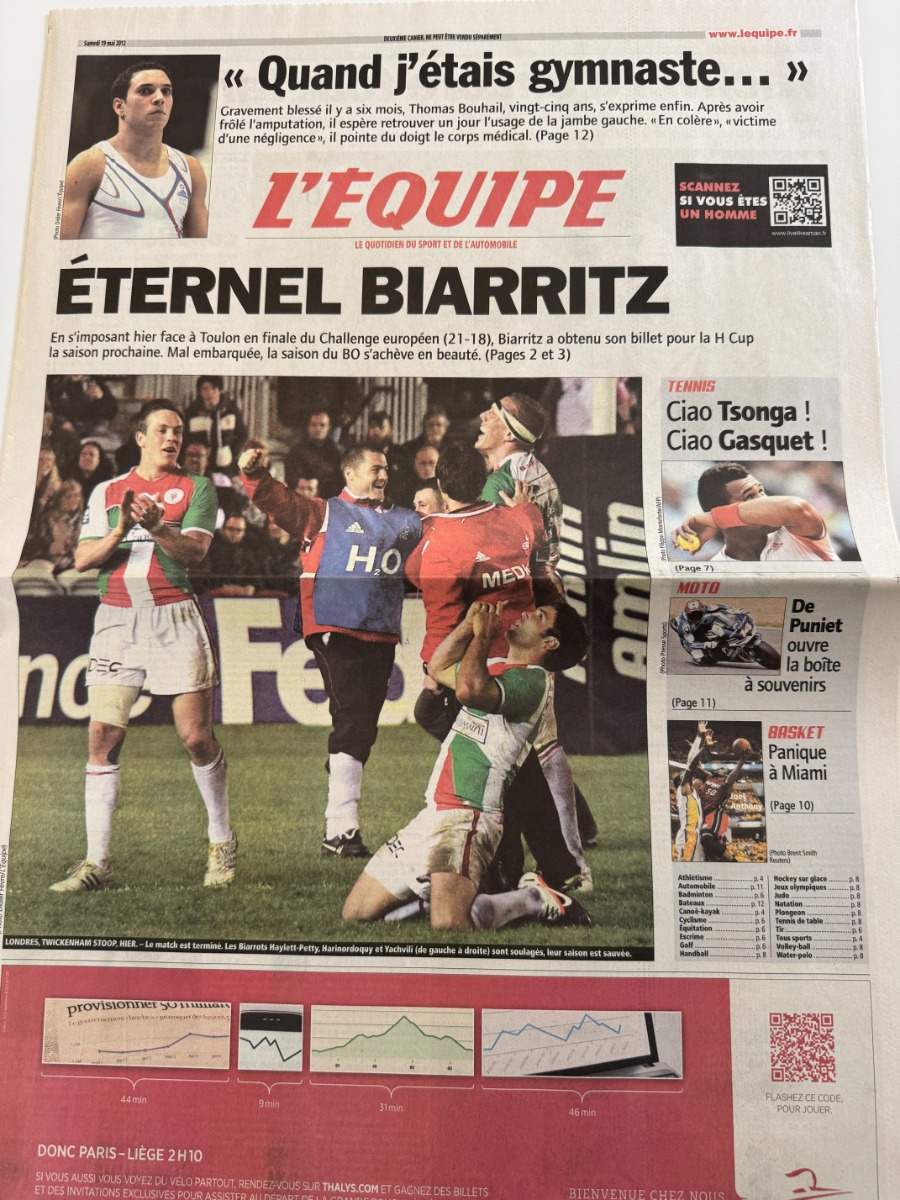 Journal l'équipe 19/05/2012 Éternel Biarritz contre Toulon Finale - Rugby - Journal L'Équipe authentique - Revue Vintage