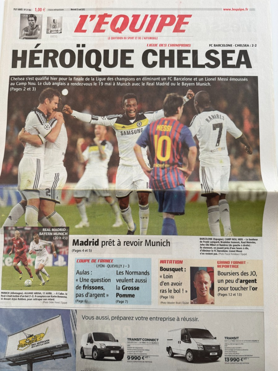 Journal l'équipe 25/04/2012 Chelsea / Barcelone - Ligue des champions - Football - Journal L'Équipe authentique - Revue Vintage