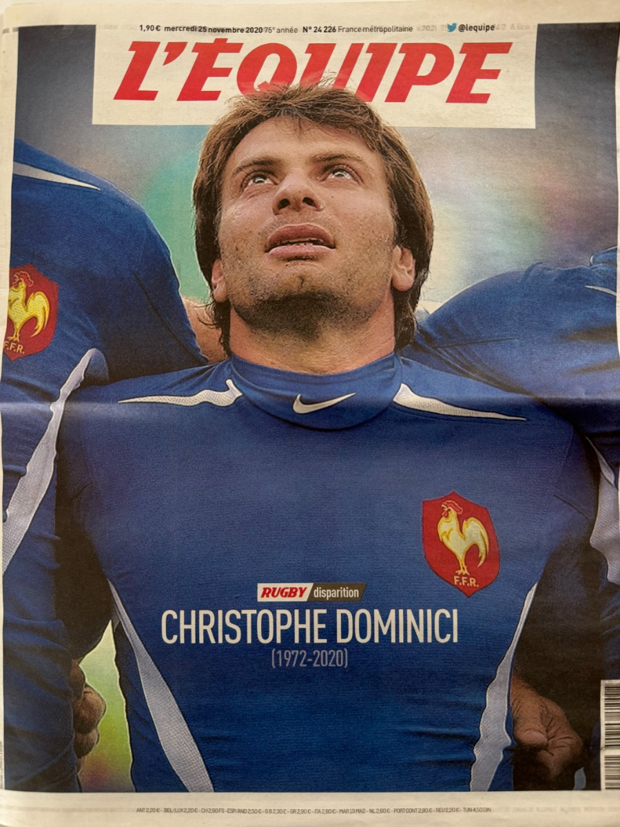 Journal l'équipe 25/11/2020 Christophe Dominici - Hommage - Toulon - Stade Français - Rugby - Journal L'Équipe authentique - Revue Vintage
