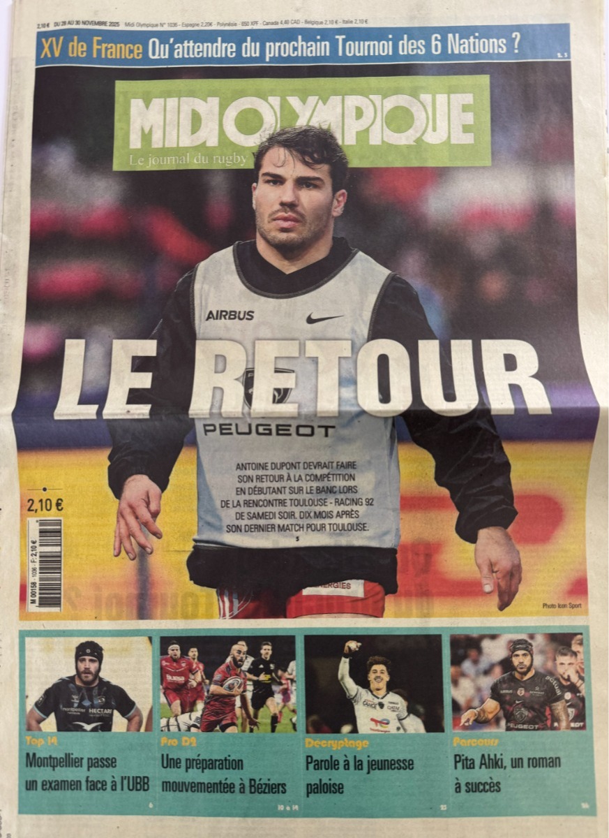 Midi Olympique novembre 2025 Antoine Dupont - Le retour - Toulouse - Rugby - Rugby authentique - Revue Vintage