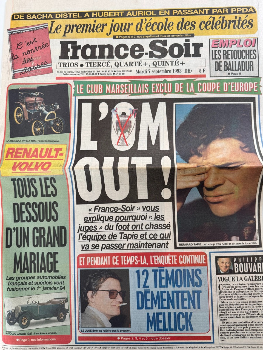 France Soir 07/09/1993 - L'OM OUT - Marseille exclu de la Coupe d'Europe - Football authentique - Revue Vintage