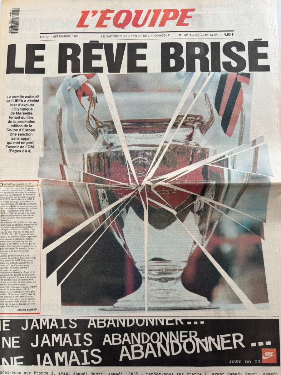 Journal l'équipe 07/09/1993 Marseille le rêve brisé - OM Coupe d'Europe - Journal L'Équipe authentique - Revue Vintage