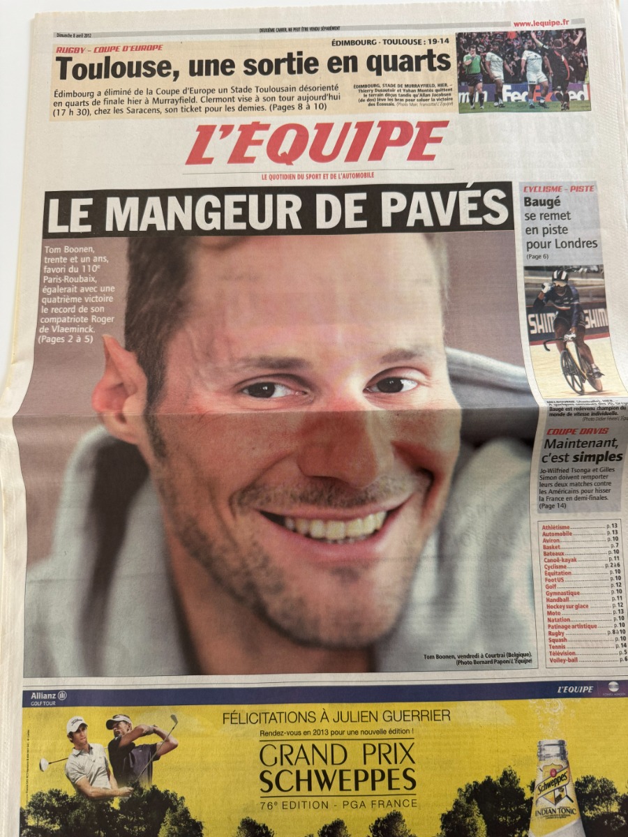 Journal l'équipe 08/04/2012 Tom Boonen favori de Paris - Roubaix - Cyclisme - Journal L'Équipe authentique - Revue Vintage