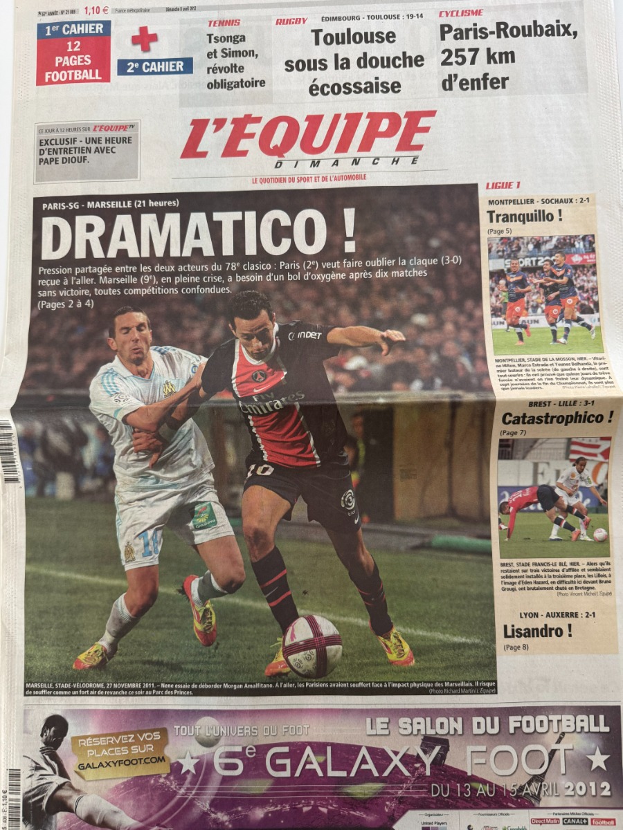 Journal l'équipe 08/04/2012 - Dramatico - Paris / Marseille - Football - Journal L'Équipe authentique - Revue Vintage
