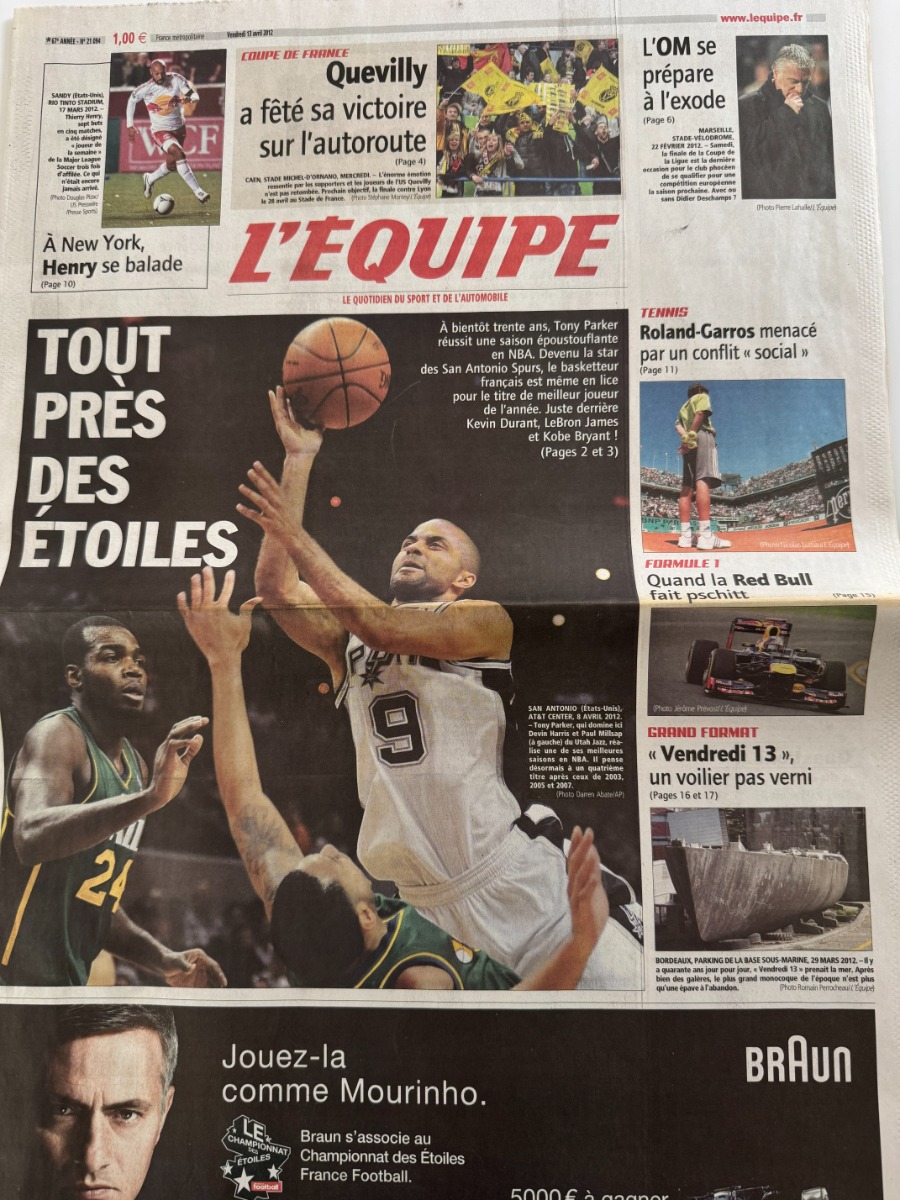 Journal l'équipe 13/04/2012 Tony Parker tout près des étoiles - Basket NBA - Journal L'Équipe authentique - Revue Vintage