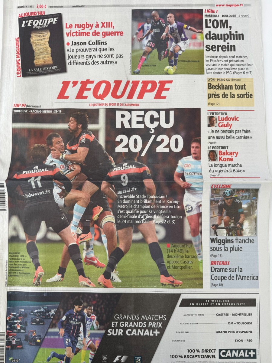 Journal l'équipe 11/05/2013 Toulouse / Racing Métro - reçu 20 / 20 - Rugby - Journal L'Équipe authentique - Revue Vintage