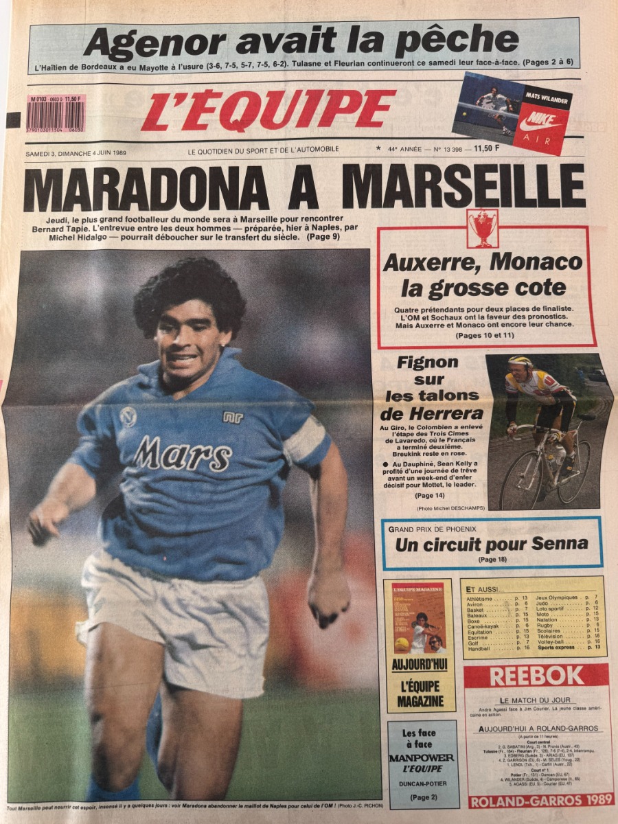 Journal l'équipe 04/06/1989 Maradona a Marseille - OM - Football - Journal L'Équipe authentique - Revue Vintage