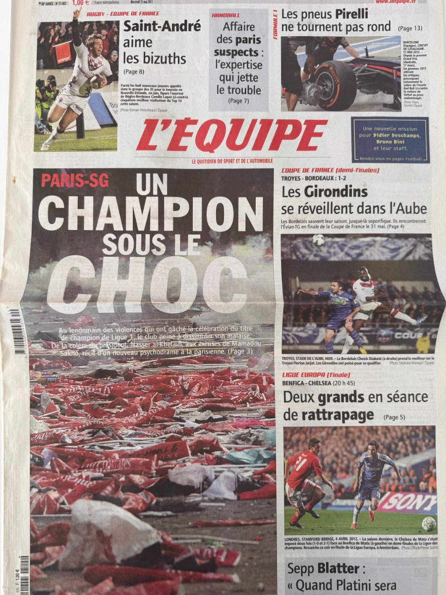 Journal l'équipe 15/05/2013 Paris un champion sous le choc - PSG - Football - Journal L'Équipe authentique - Revue Vintage