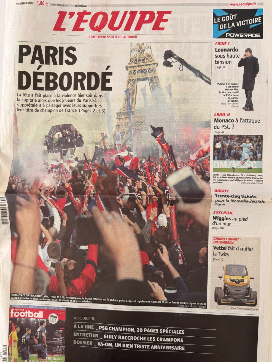 Journal l'équipe 14/05/2013 Paris débordé champion de France - PSG - Football - Journal L'Équipe authentique - Revue Vintage