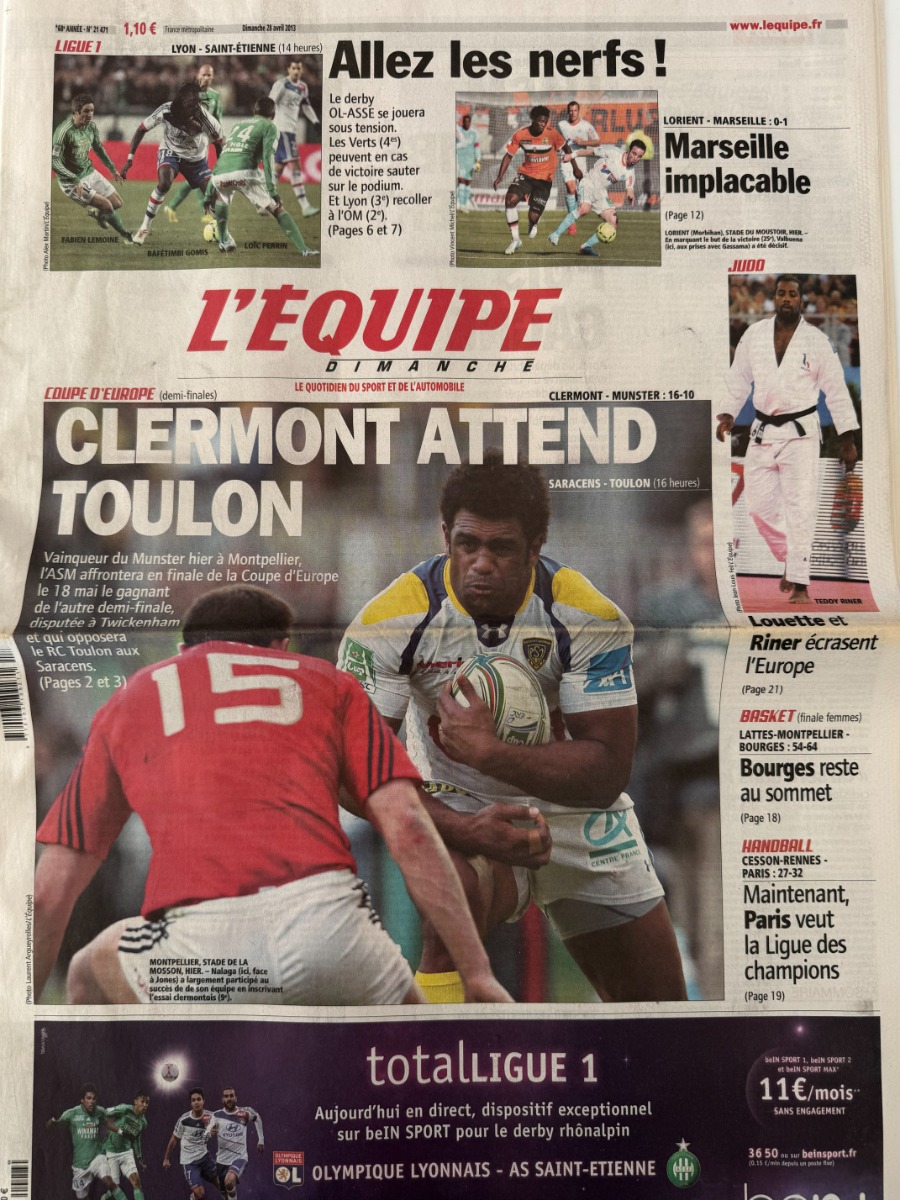 Journal l'équipe 28/04/2013 Clermont attends Toulon - Coupe d'Europe - Rugby - Journal L'Équipe authentique - Revue Vintage
