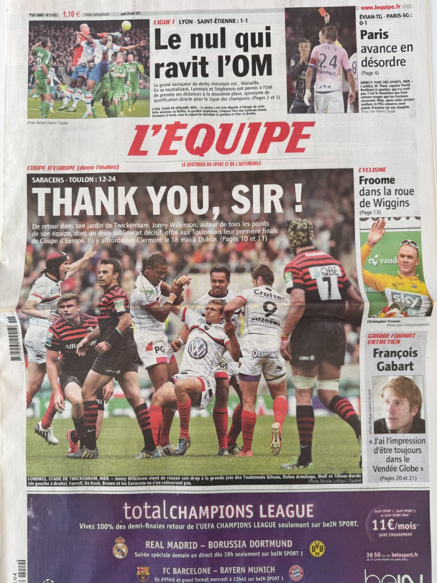 Journal l'équipe 29/04/2013 Thank You Sir Saracens / Toulon - Coupe d'Europe - Rugby - Journal L'Équipe authentique - Revue Vintage