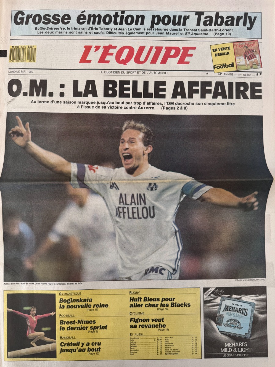 Journal l'équipe 22/05/1989 - Marseille champion de France - OM la belle affaire - Papin Football - Journal L'Équipe authentique - Revue Vintage