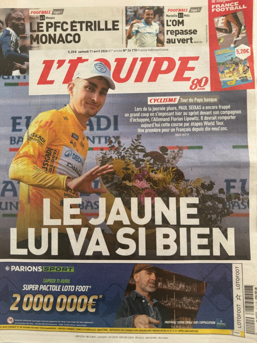 Journal l'équipe 11/04/2026 Paul Seixas Tour du Pays Basque - Cyclisme - Journal L'Équipe authentique - Revue Vintage