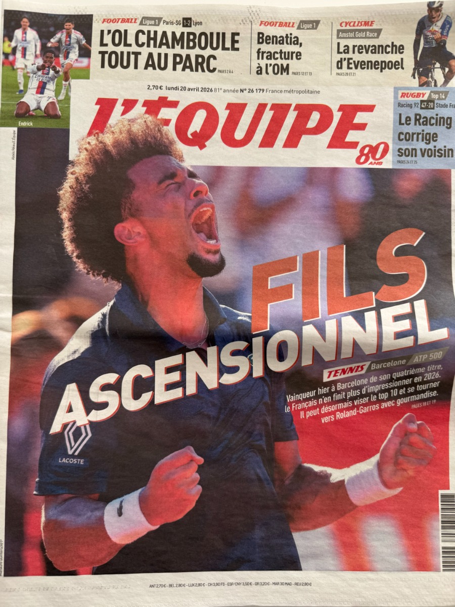 Journal l'équipe 20/04/2026 Arthur Fils 4e titre - Tennis - Journal L'Équipe authentique - Revue Vintage