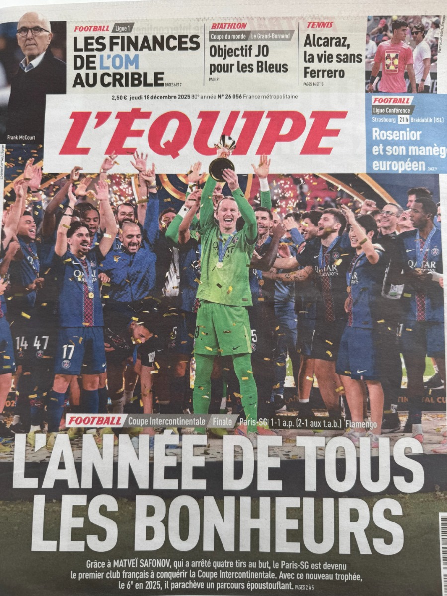 Journal l'équipe du 18/12/2025 Paris Vainqueur de la Coupe Intercontinentale - PSG - Journal L'Équipe authentique - Revue Vintage