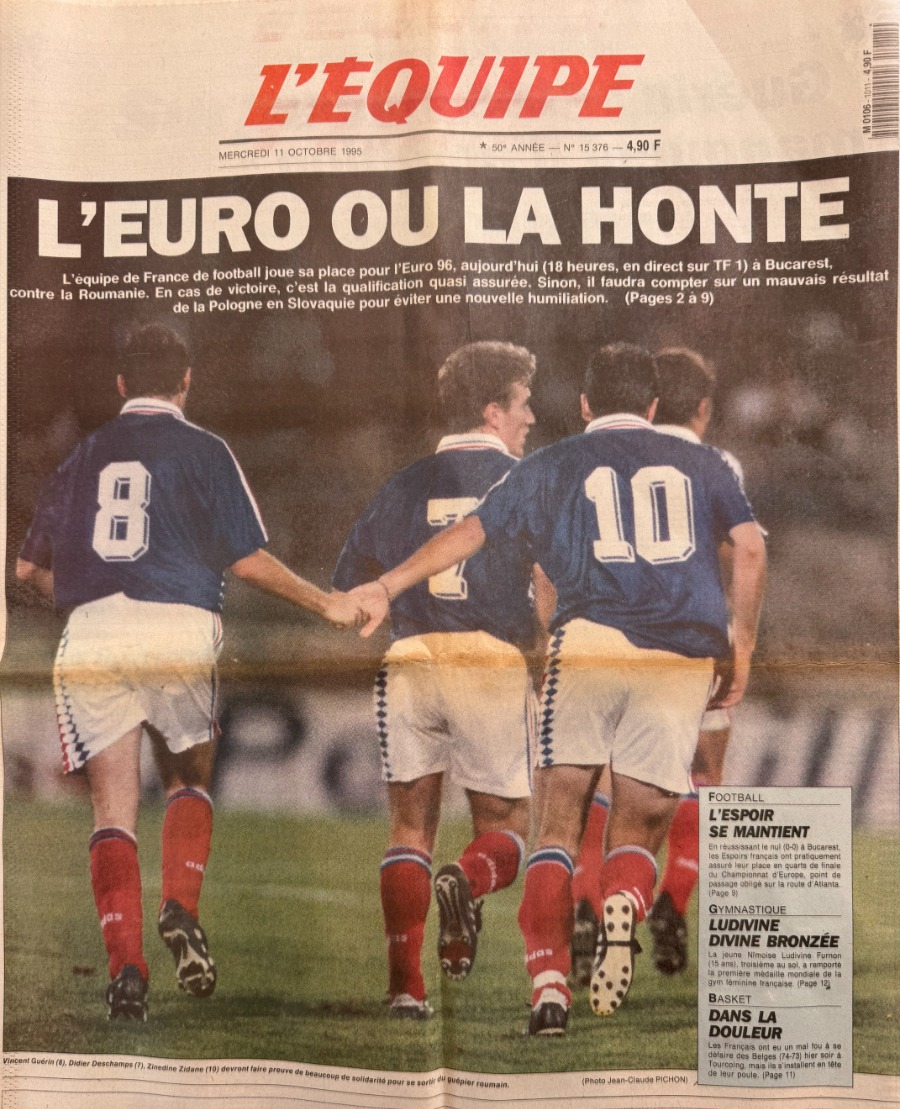 Journal l'équipe 11/10/1995 L'Euro de la honte - France / Roumanie Football - Journal L'Équipe authentique - Revue Vintage