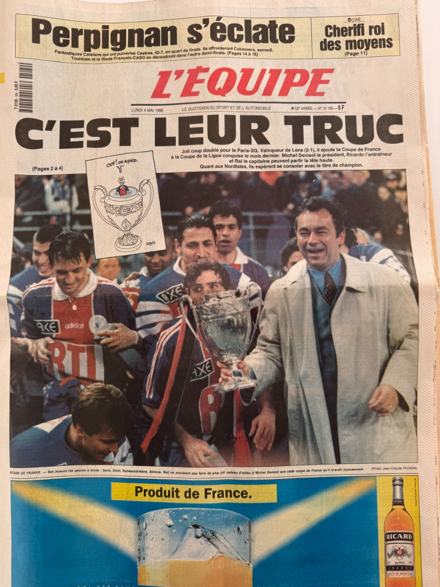 Journal l'équipe 04/05/1998 Paris SG  remporte la Coupe de France - Football - Journal L'Équipe authentique - Revue Vintage