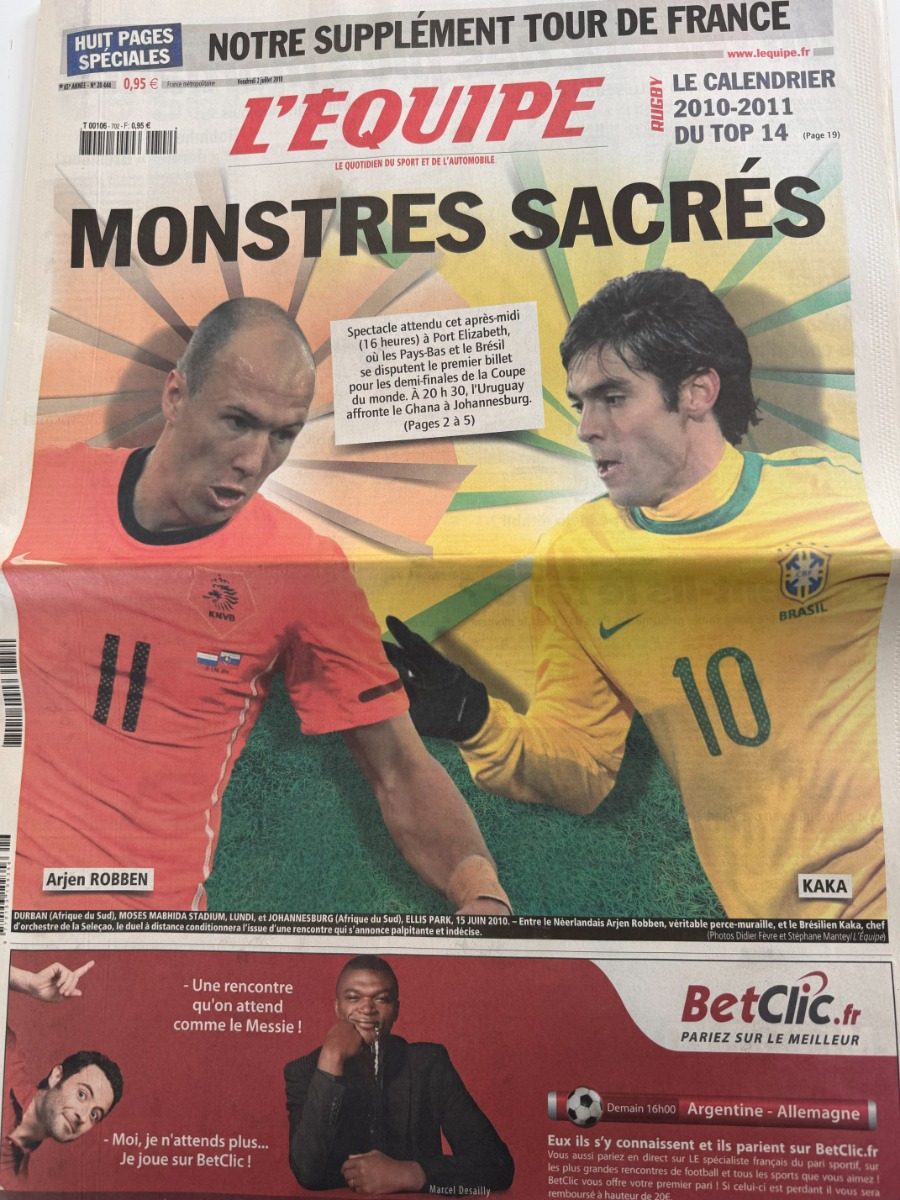 Journal l'équipe 02/07/2010 Monstres sacrés - Brésil - Uruguay - Pays bas - Coupe du Monde de Football - Journal L'Équipe authentique - Revue Vintage