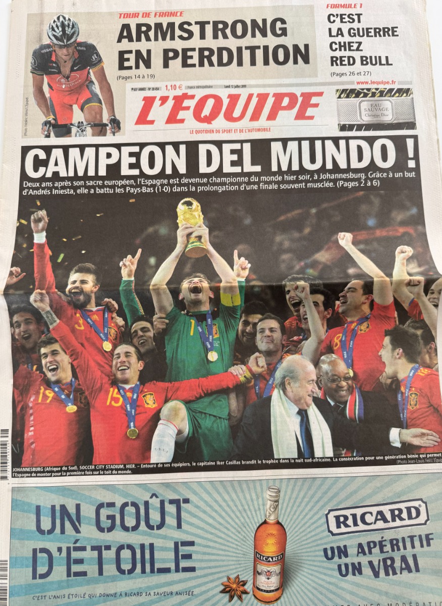 Journal l'équipe 12/07/2010 Espagne championne du Monde !!!! Coupe du Monde de Football - Journal L'Équipe authentique - Revue Vintage