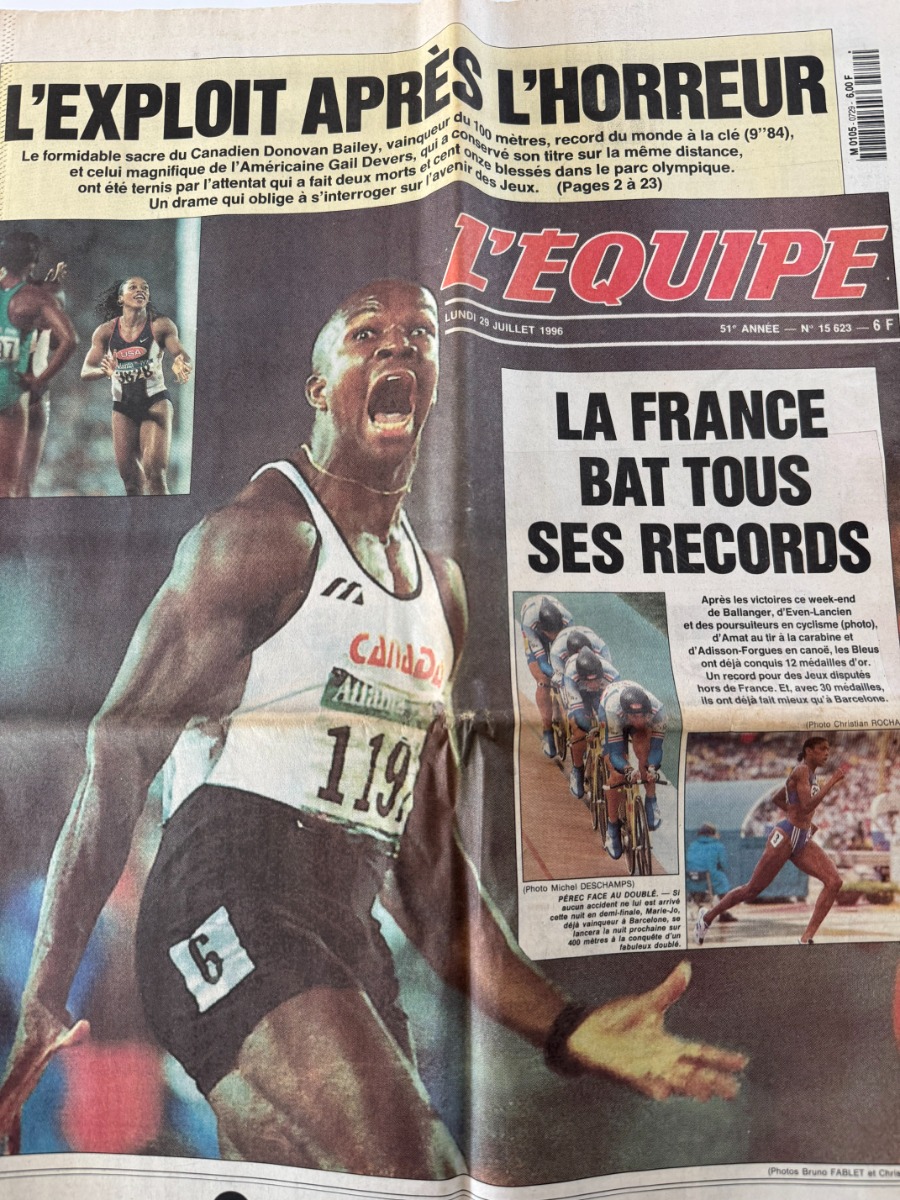 Journal l'équipe 29/07/1996 Record du monde du Canadien Donovan Bailey - Journal L'Équipe authentique - Revue Vintage
