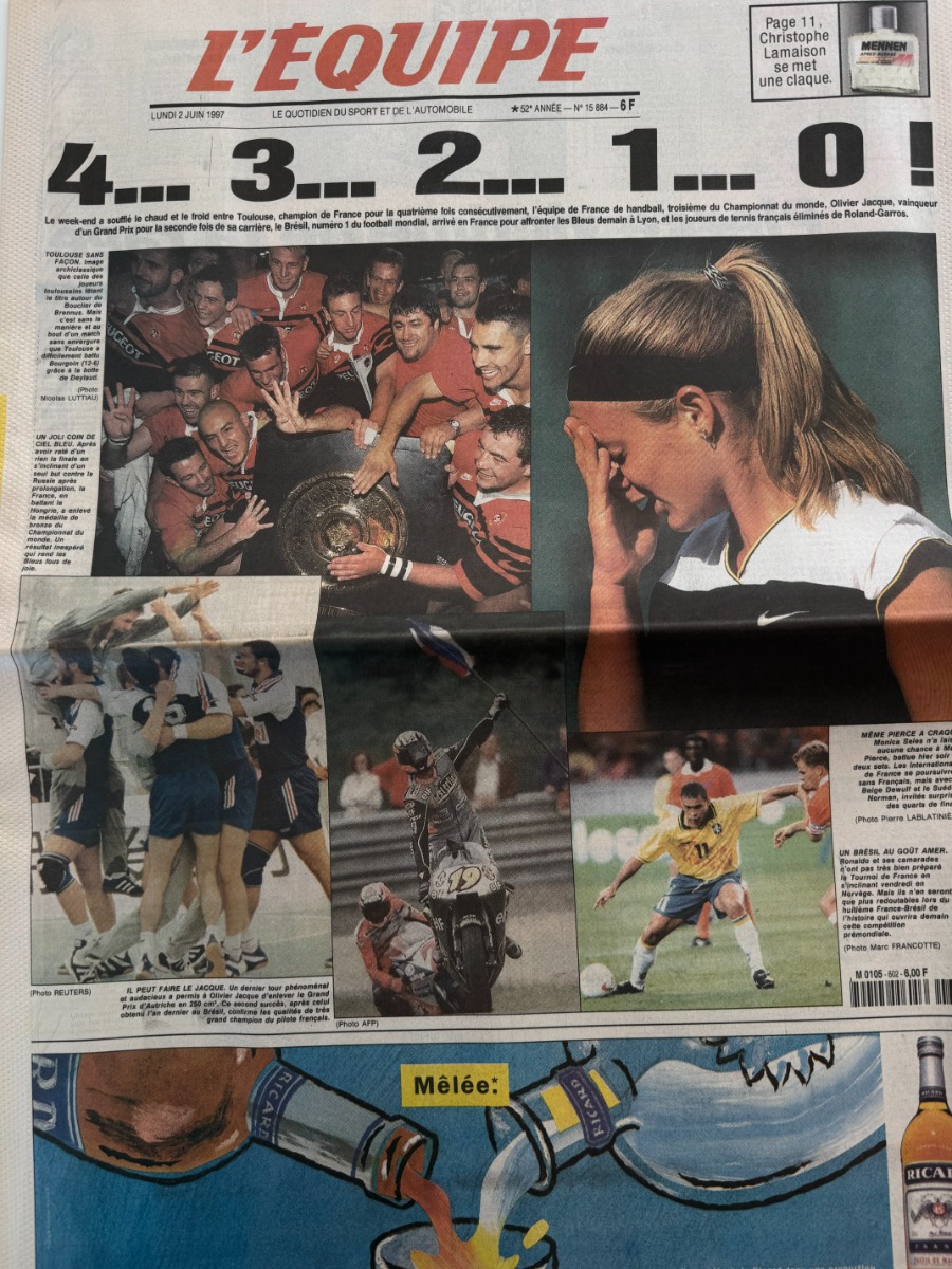 Journal l'équipe 02/06/1997 Finale Top 14 -  Stade Toulousain champion - Toulouse / Bourgoin - Rugby - Journal L'Équipe authentique - Revue Vintage