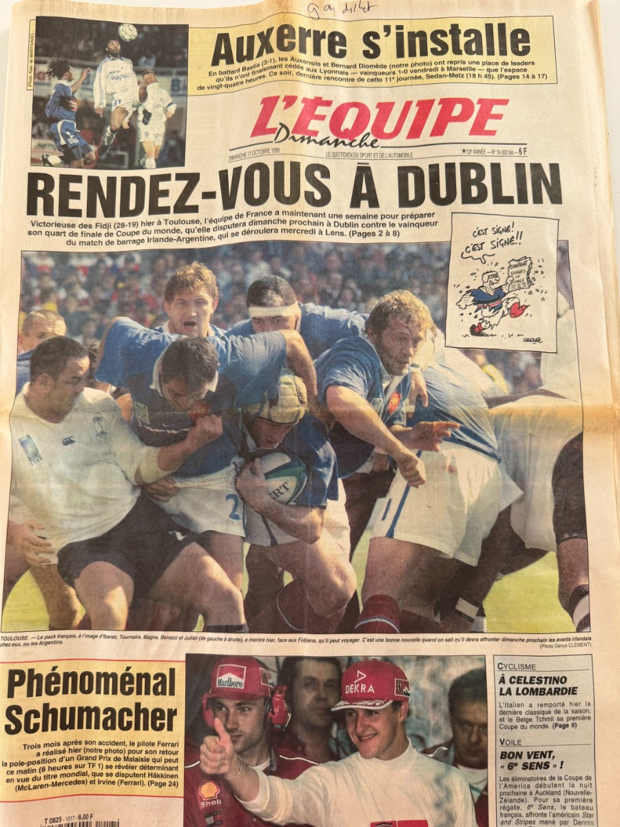Journal l'équipe 17/10/1999 Rugby - rendez vous a Dublin - Journal L'Équipe authentique - Revue Vintage
