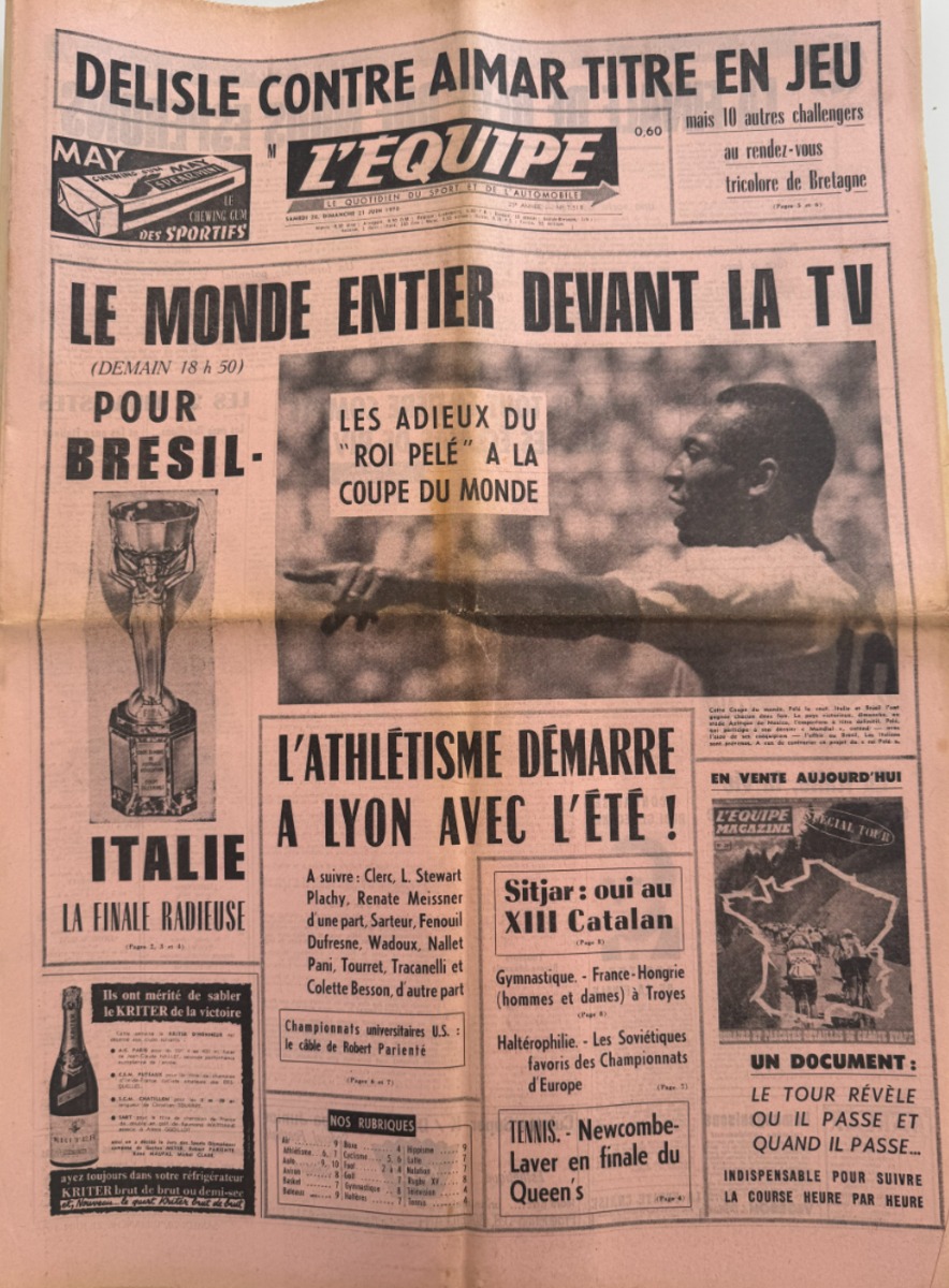 Journal l'équipe 21/06/1970 Finale Brésil / Italie - Coupe du Monde de Football - Journal L'Équipe authentique - Revue Vintage
