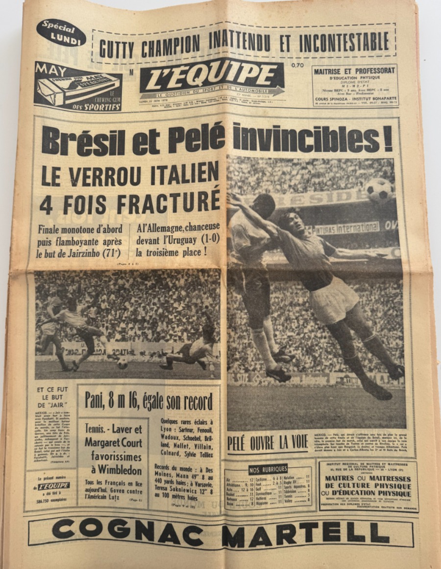 Journal l'équipe 22/06/1970 Finale Brésil / Italie - Coupe du Monde de Football Brésil et Pelé invincibles !! - Journal L'Équipe authentique - Revue Vintage