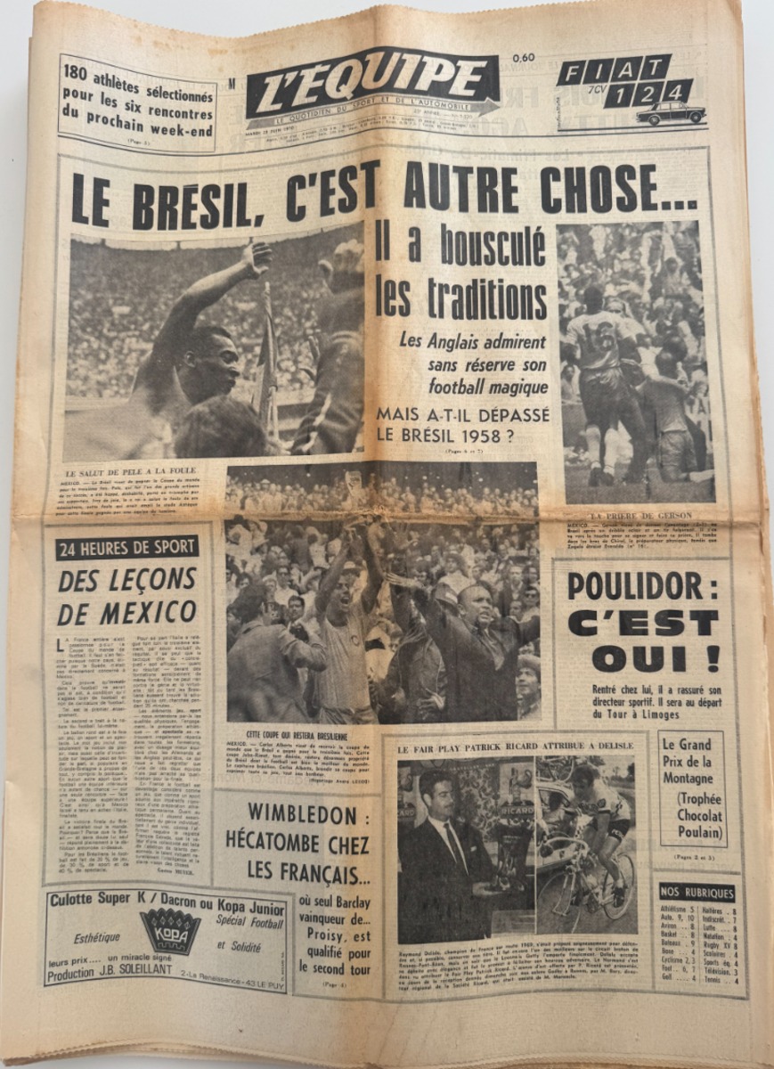 Journal l'équipe 23/06/1970 Finale Brésil / Italie - Coupe du Monde de Football - Roi Pelé !! - Journal L'Équipe authentique - Revue Vintage