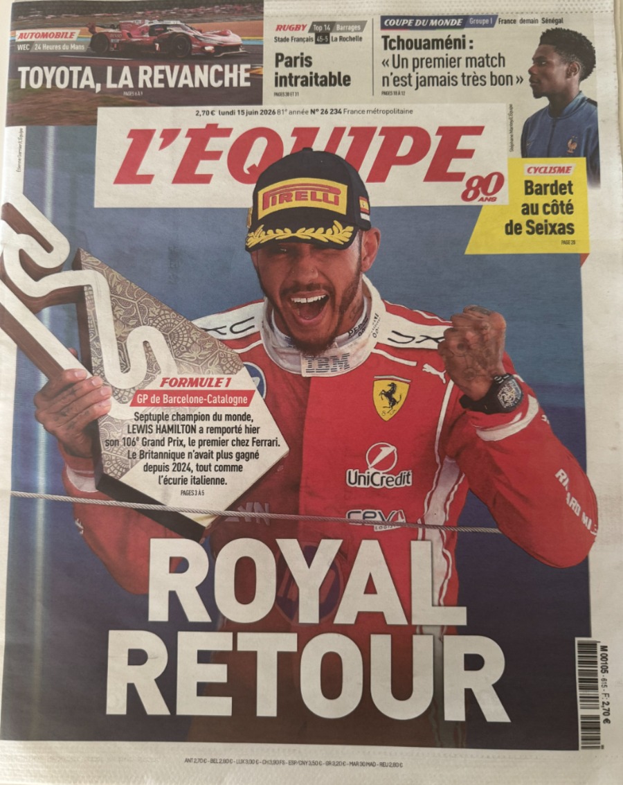 Journal l'équipe 15/06/2026 Lewis Hamilton champion du monde - Ferrari - Formule 1 - Journal L'Équipe authentique - Revue Vintage