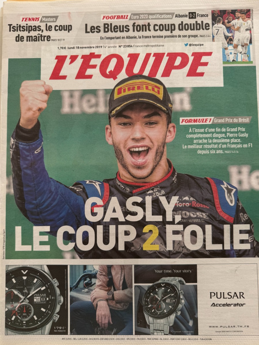 Journal l'équipe 18/11/2009 Gasly le coup 2 Folie - Grand Prix Formule 1 - Journal L'Équipe authentique - Revue Vintage