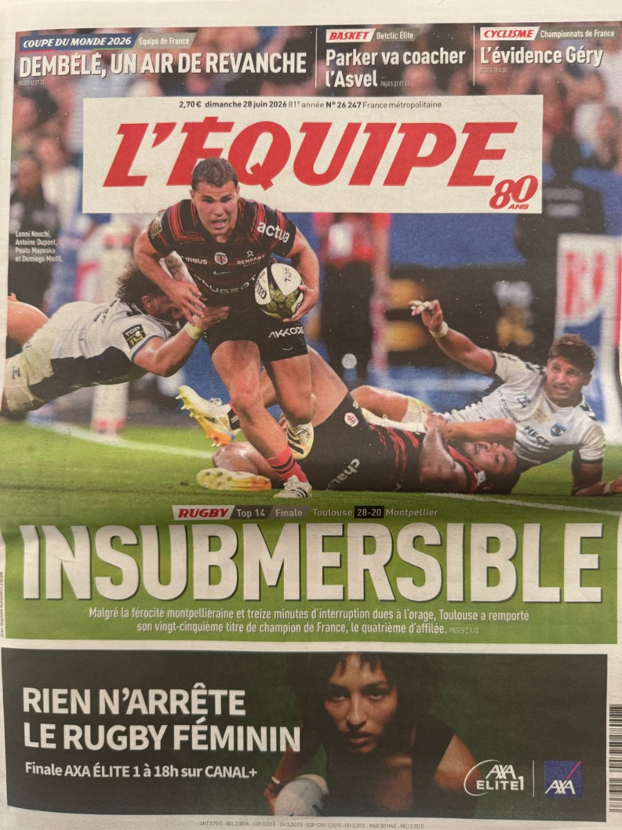 Journal l'équipe 28/06/2026 Insubmersible Toulouse / Montpellier Finale Top 14 - Rugby - Journal L'Équipe authentique - Revue Vintage