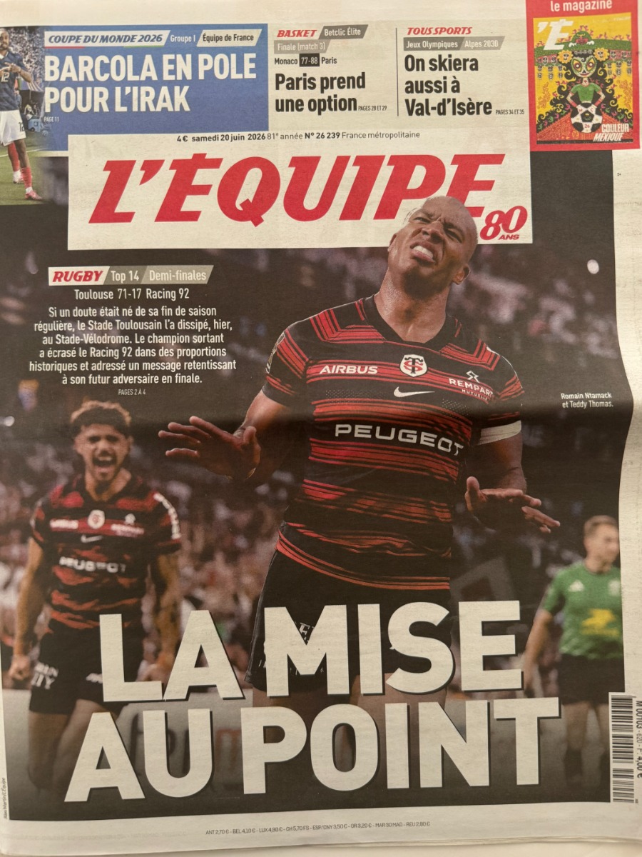 Journal l'équipe 20/06/2026 Demi Finales Toulouse / Racing 92 - Top 14 - Rugby - Journal L'Équipe authentique - Revue Vintage