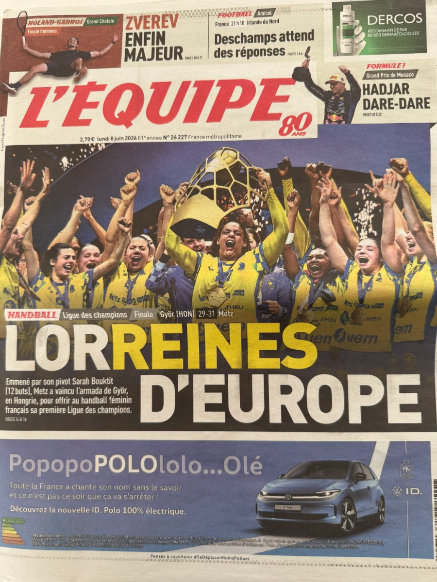 Journal l'équipe 08/06/2026 Finale Metz / Györ - Ligue des Champions - Handball - Journal L'Équipe authentique - Revue Vintage