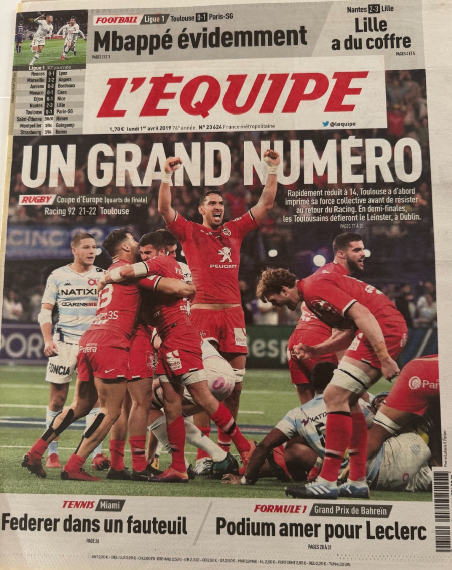 Journal l'équipe 01/04/2019 Toulouse / Racing 92 - Coupe d'Europe - Rugby - Journal L'Équipe authentique - Revue Vintage