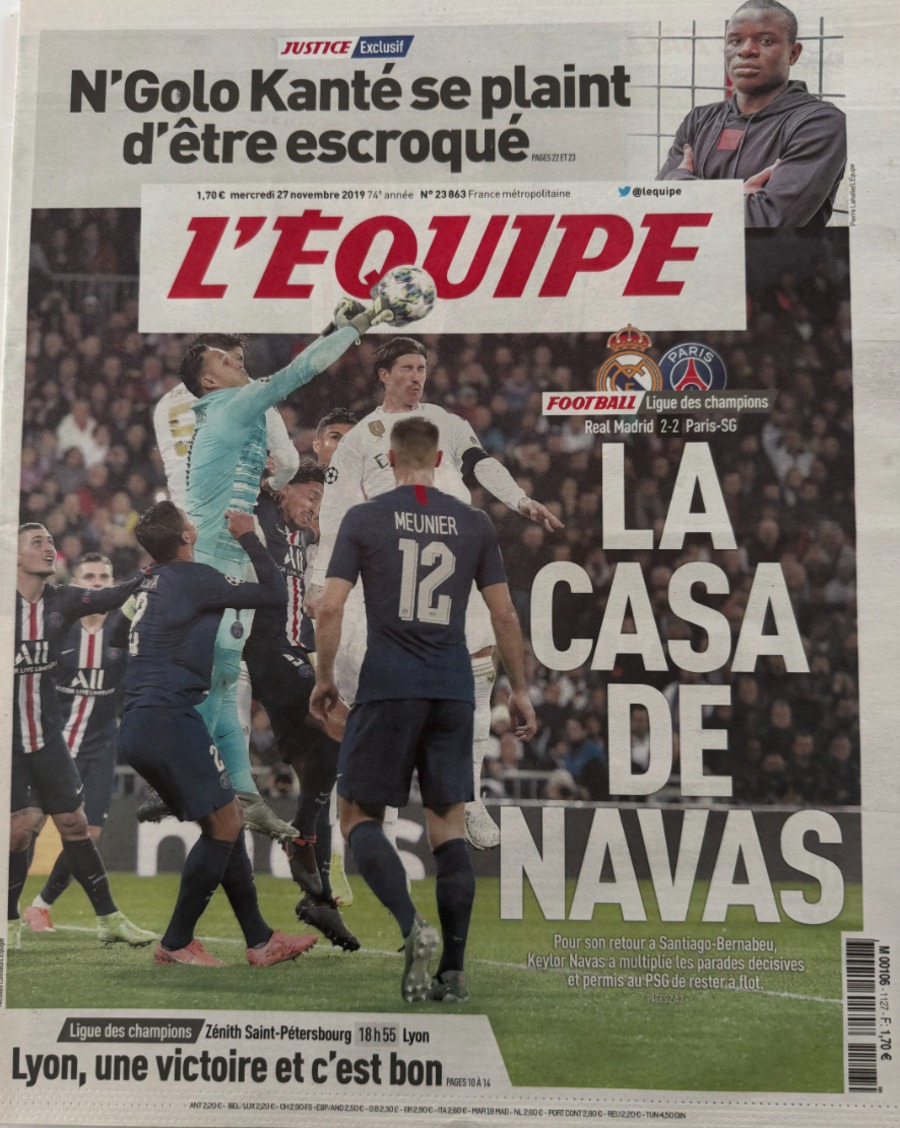 Journal l'équipe 27/11/2019 Real de Madrid / Paris SG - Ligue des Champions Football - Journal L'Équipe authentique - Revue Vintage