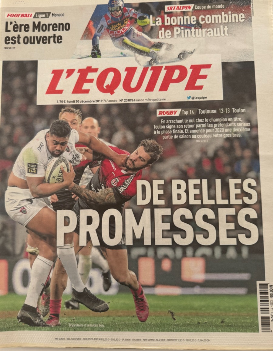 Journal l'équipe 30/12/2019 Toulouse / Toulon - Top 14 - Rugby - Journal L'Équipe authentique - Revue Vintage