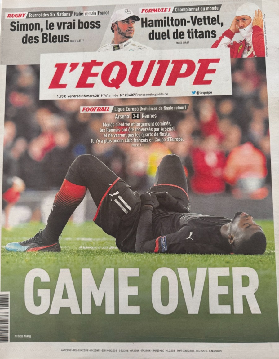 Journal l'équipe 15/03/2019 Arsenal / Rennes Ligue Europa - Game Over - Football - Journal L'Équipe authentique - Revue Vintage