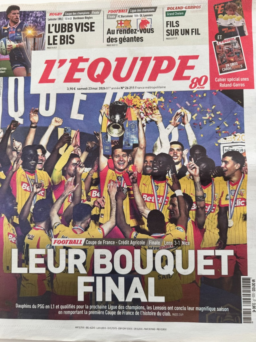 Journal l'équipe 23/05/2026 Finale Coupe de France Lens / Nice Leur Bouquet Final - Journal L'Équipe authentique - Revue Vintage