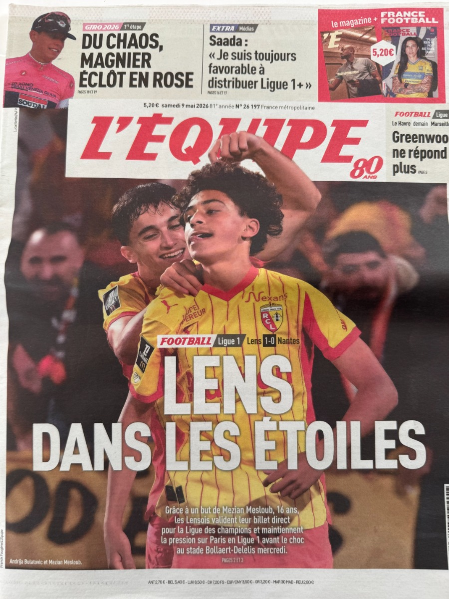Journal l'équipe 09/05/2026 Lens dans les étoiles - direct pour la ligue des Champions - Football - Journal L'Équipe authentique - Revue Vintage