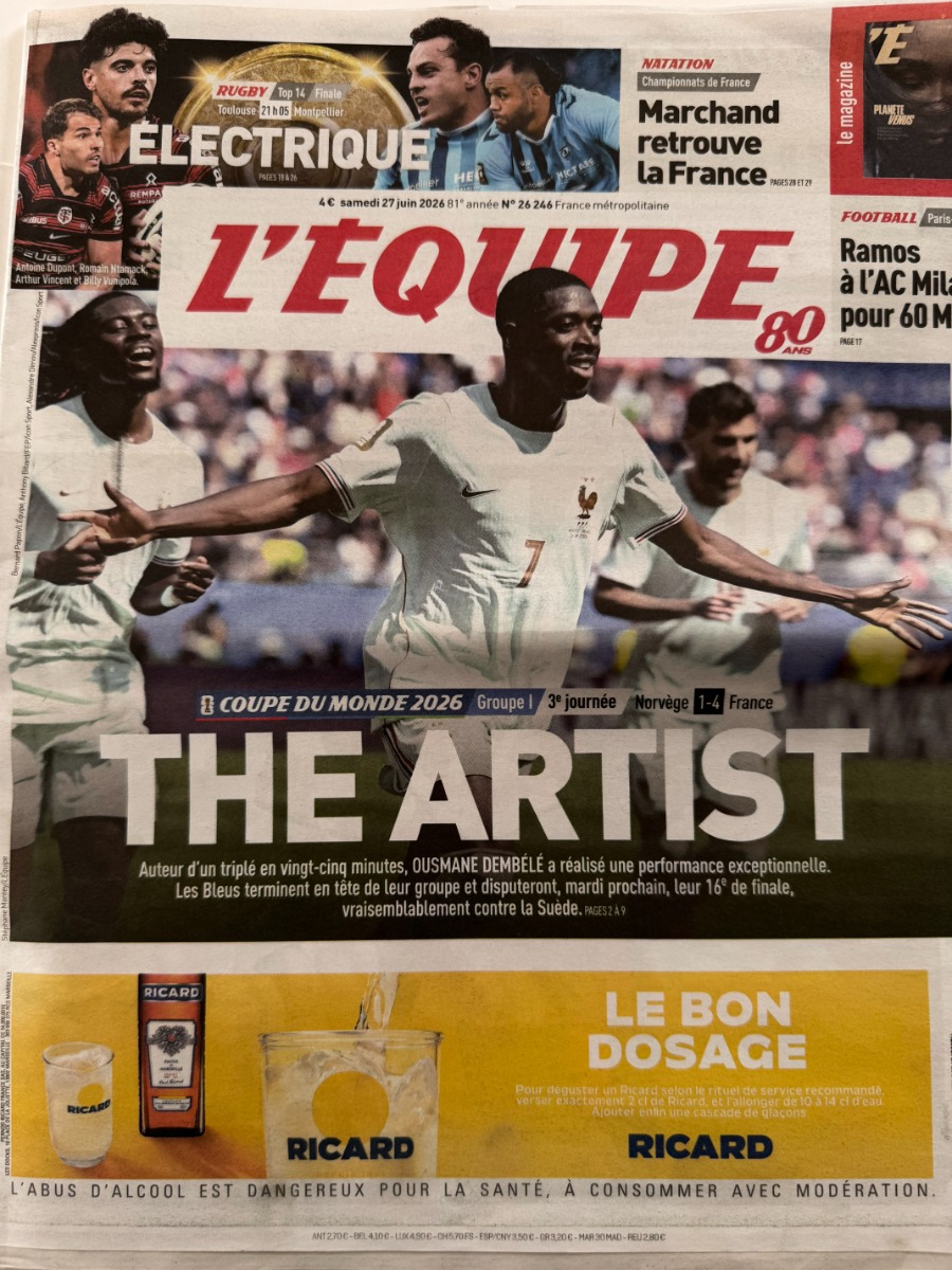 Journal l'équipe 27/06/2026 France / Norvège - The Artist - Coupe du Monde de Football - Journal L'Équipe authentique - Revue Vintage