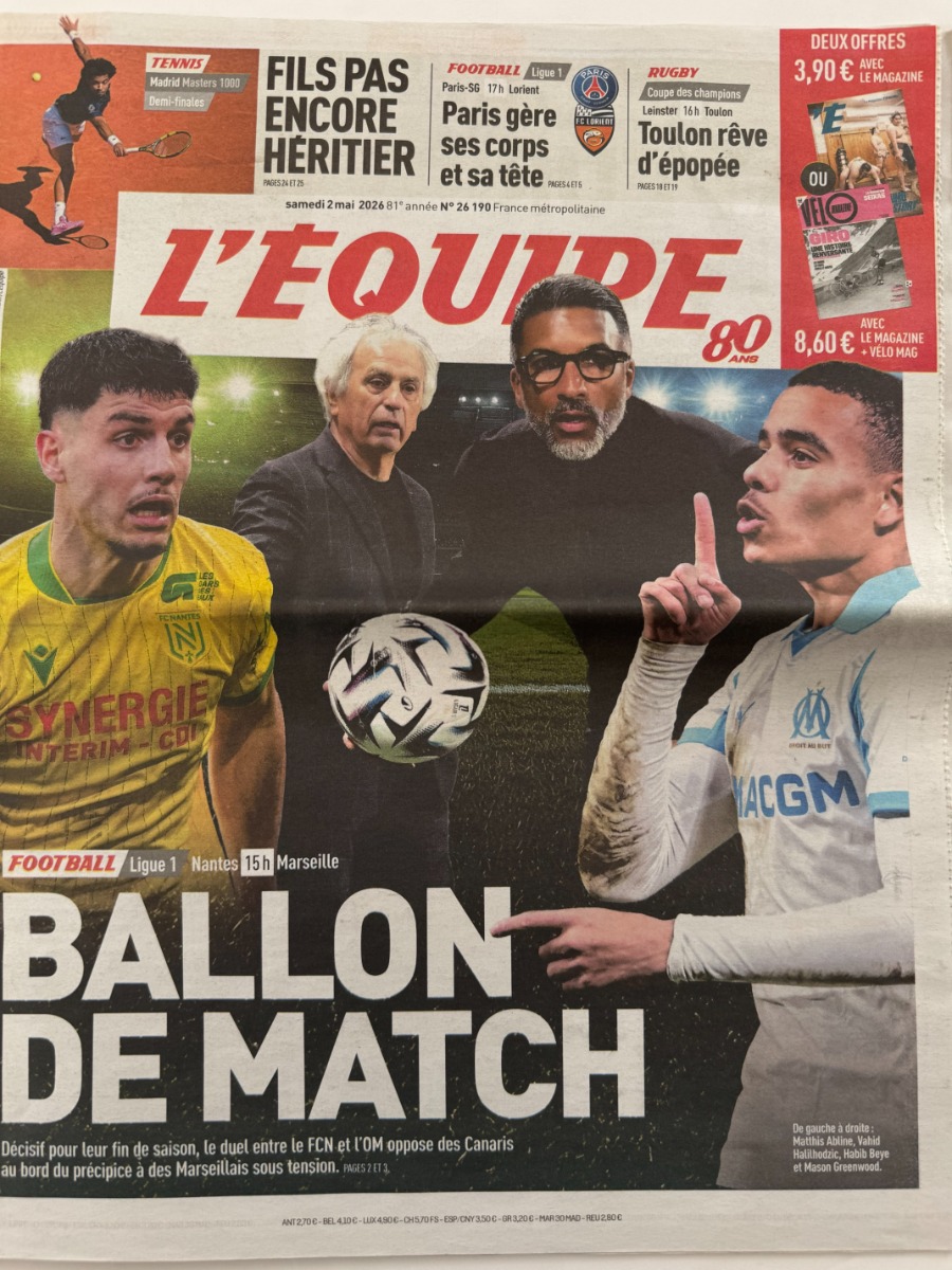 Journal l'équipe 02/05/2026 Ballon de match - Nantes / Marseille - Football - Journal L'Équipe authentique - Revue Vintage