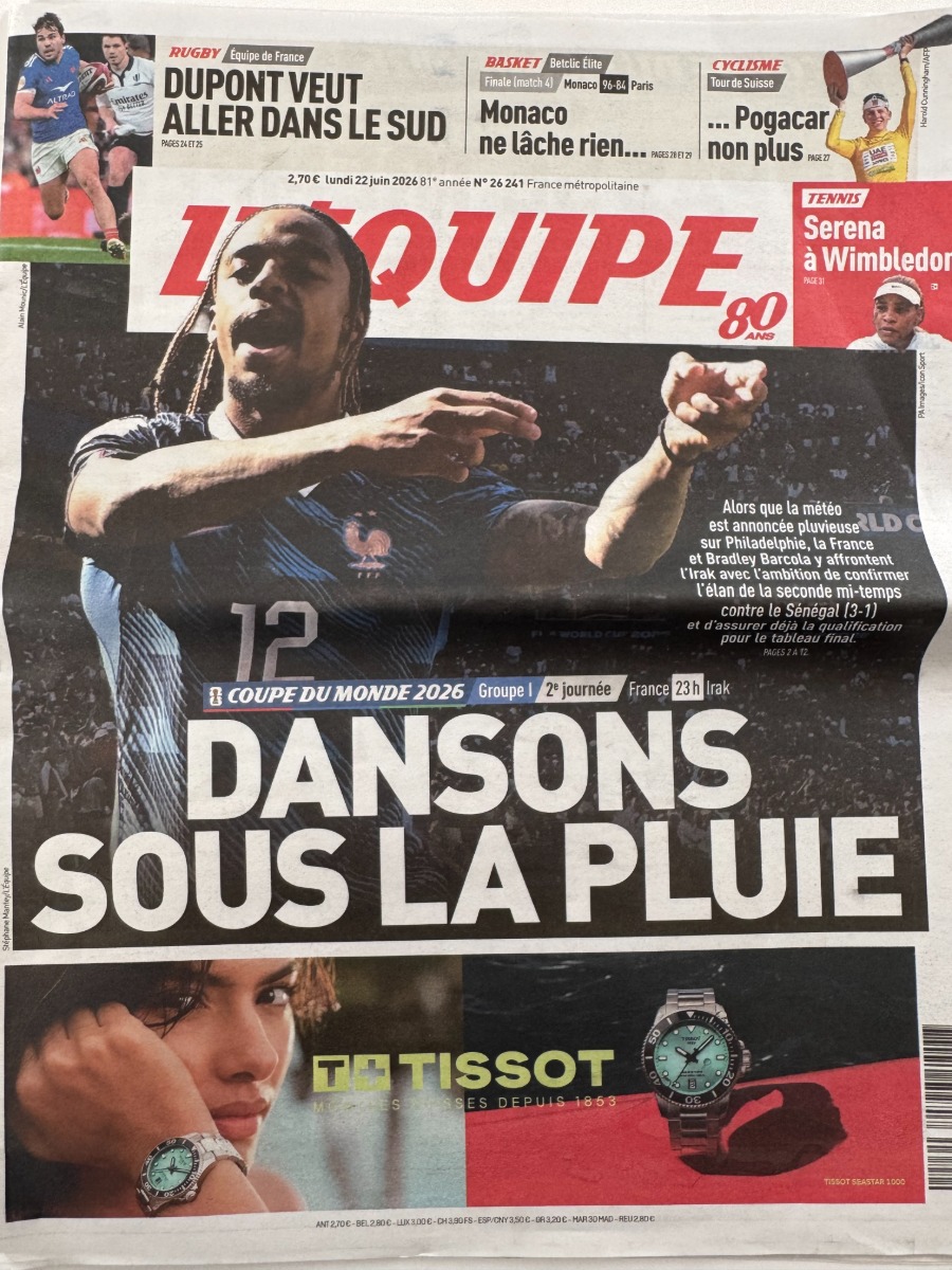 Journal l'équipe 22/06/2026 France / Irak - Dansons sous la pluie - Coupe du Monde de Football - Journal L'Équipe authentique - Revue Vintage