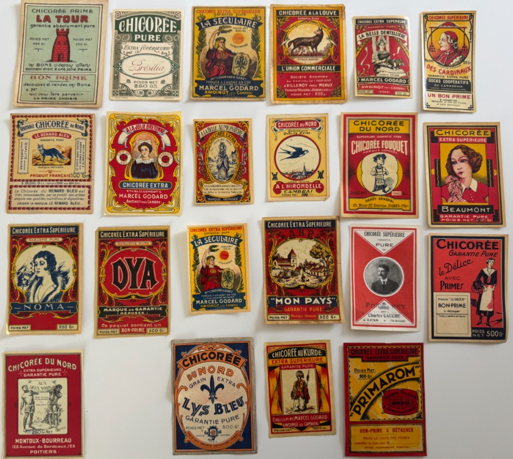 22 étiquettes sur la chicorée du Nord - année 1900 - Vieux papiers authentique - Revue Vintage