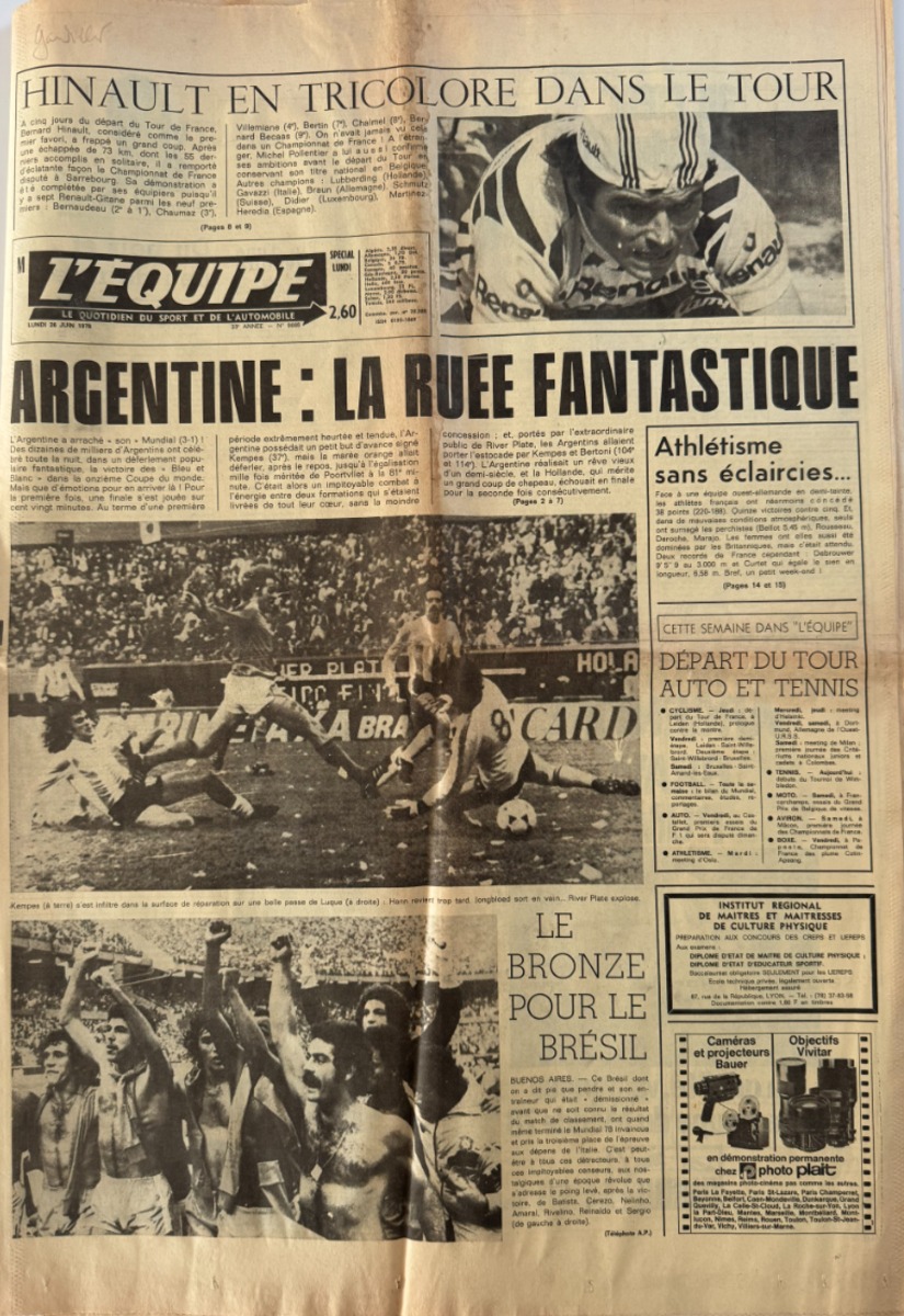 Journal l'équipe 28/06/1978 Argentine Championne du Monde - Coupe du Monde de Football - Journal L'Équipe authentique - Revue Vintage