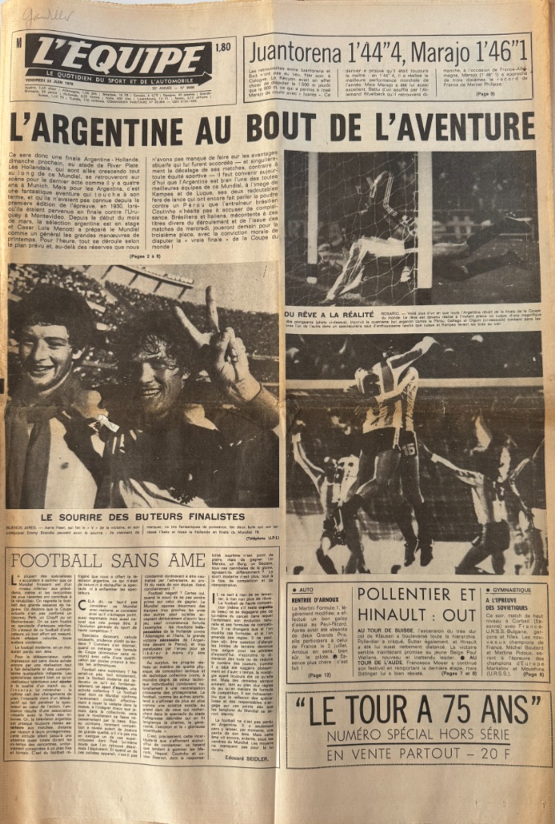 Journal l'équipe 23/06/1978 Argentine/Pays Bas - Coupe du Monde de Football - Journal L'Équipe authentique - Revue Vintage