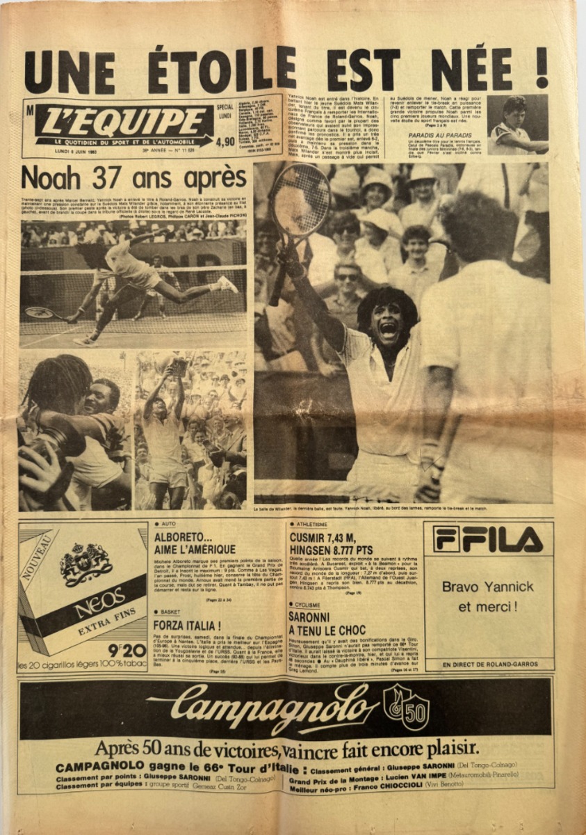 Journal l'équipe 06/06/1983 Noah une étoile est née !!! - Roland Garros - Tennis - Journal L'Équipe authentique - Revue Vintage
