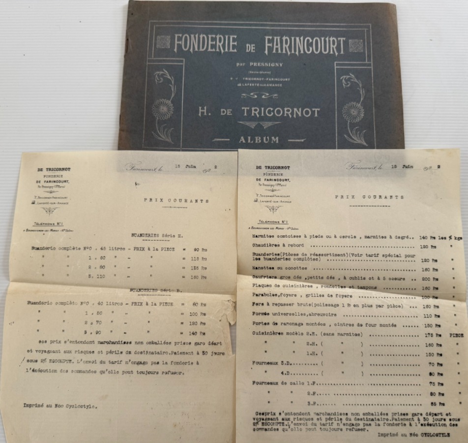 Catalogue ancien 1922 Fonderie Farincourt + tarif Haute-Marne fonte fourneaux. - Divers authentique - Revue Vintage